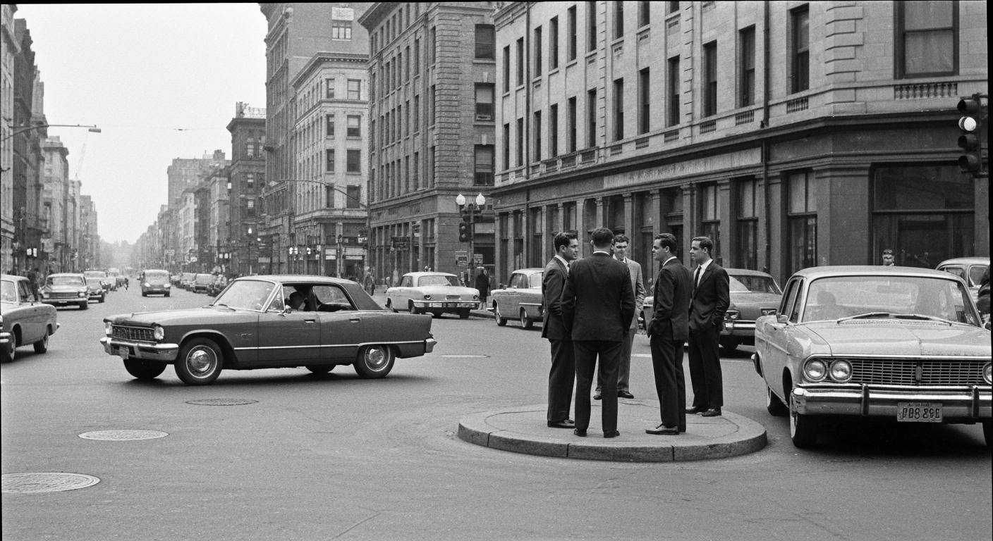 Historical men in suits on street corner